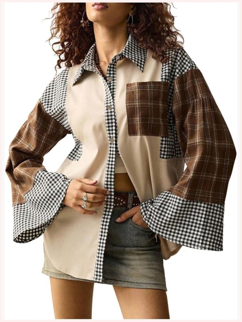 Women Plaid Patchwork Button Down Long Sleeve Top Color Block Western Streetwear